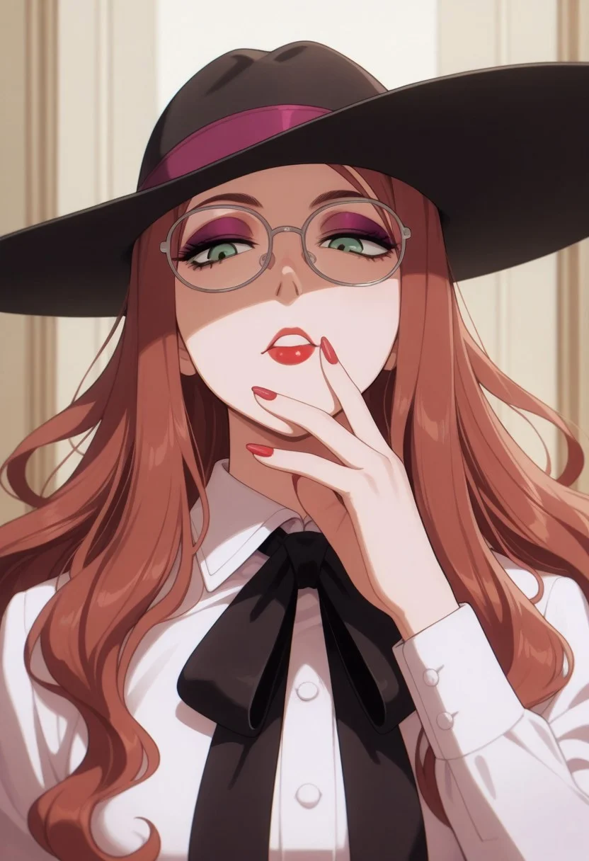 masterpiece,best quality,amazing quality, sylvia sherwood, long hair, reddish-brown hair, green eyes, hat, 1girl, glasses, solo, lipstick, makeup, red lips, ribbon, nail polish, shirt