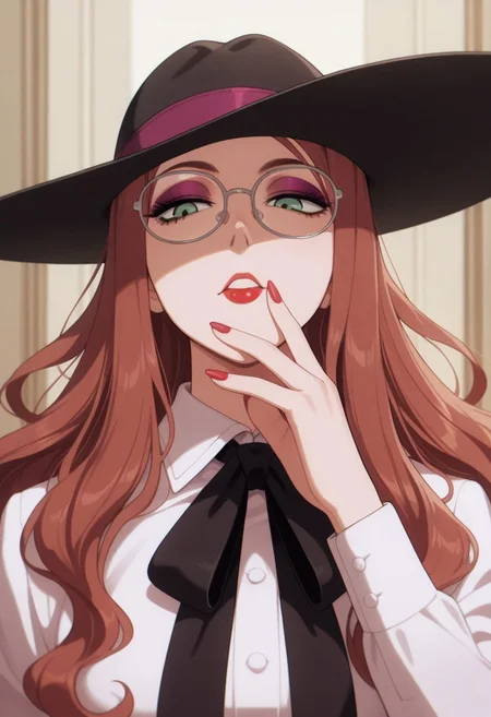 masterpiece,best quality,amazing quality, sylvia sherwood, long hair, reddish-brown hair, green eyes, hat, 1girl, glasses, solo, lipstick, makeup, red lips, ribbon, nail polish, shirt