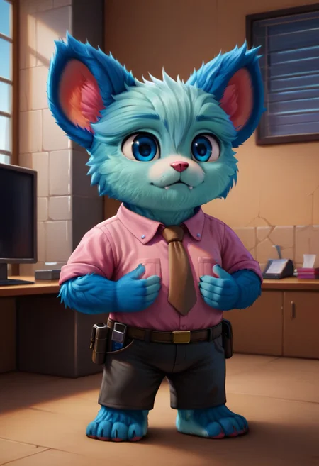 (((Barefoot furry character, full body, cinematic setting, furry male, plantigrade))) 
(((nubs_pooba))) dressed as (((businessman))), standing before (((modern glass and steel office building))), (((wearing pink shirt with brown necktie and long black pants))), stern, strict, ((arrogant))), blue fur, blue eyes, round ears, two little fangs, holds paper plates. semi-realistic animation
BREAK, intricate details, highly detailed, extreme detail, octane render, fine art, best quality, highres, (detailed face:1.5), ((full_body)), UHD, (((perfect hands))), ((low light:1.5))