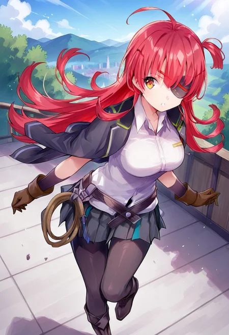 masterpiece, best quality, 1girl, solo, asami, long hair, eyepatch, brown eyes, red hair, bang, ahoge, jacket, white shirt, jacket on shoulders, gloves, pleated skirt, one side up, pantyhose, boots, whip