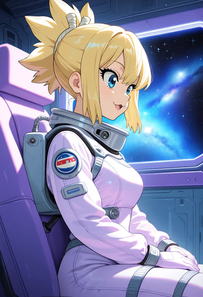 kohaku_(dr_stone), :3, ultra detailed, masterpiece, best quality, 1girl, solo, adult, indoors, space suit, sitting, seat, windows, futuristic vehicle, space, stars, galaxy, pastel colors, vintage, intricate detailed, finely detailed, amazing detail, from side, smile, :o, awe, shadows, dim lighting, cowboy shot,