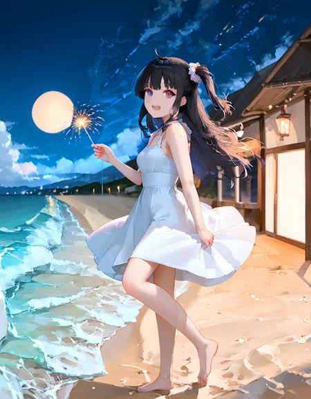 score_9_up, score_9, score_8_up, score_7_up, rating_explicit, perfect quality,high quality,masterpiece,best quality,amazing quality,very aesthetic,Cinematic Lighting,newest,Tactical use of shadow,
1girl,solo,long hair,black hair,hair between eyes,ahoge,purple eyes,AyanoKimishima Cyql,
sparkler, outdoors, fireworks, barefoot, dress, scenery, sky, smile, night, white dress, ocean, open mouth, standing, beach, cloud, holding fireworks, looking at viewer, water, standing on one leg, horizon, one side up, from side, :d, blush, night sky, sleeveless dress, city lights, multicololens flare, sleeveless, blurry, bokeh, sundress, shore, holding, bare shoulders, full body, bare arms, depth of field, sunset, scrunchie, breasts, mountainous horizon, mountain, cloudy sky,  waves, blurry background,  star (sky), blue sky, sand,  leg up, sun, looking to the side, lights, reflection, walking, moon, bare legs, floating hair,
<lora:ponyv4_noob1_2_adamW-000017:0.7>,<lora:spo_sdxl_10ep_4k-data_lora_webui:0.6>,<lora:USNR STYLE_XL_lokr:0.45>,<lora:illustrious_all_rated_v1:0.7>,<lora:96YOTTEA-WAI:0.8>,<lora:Ayano Kimishima_Illustrious by Cyql:1>,