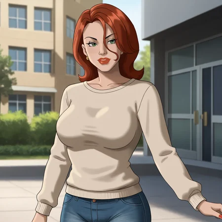 <lora:blackwidowultimateavengers_pony_v1:.7> natashaultimateavengers, 1girl, solo, medium breasts, green eyes, red hair, earrings, lipstick, lips, giant breasts, cowboy shot, sweater, jeans