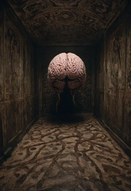 long fuzzy dark brain floor to ultimate knowledge, made of flesh, disturbing noise, pi style by Darren Aronofsky