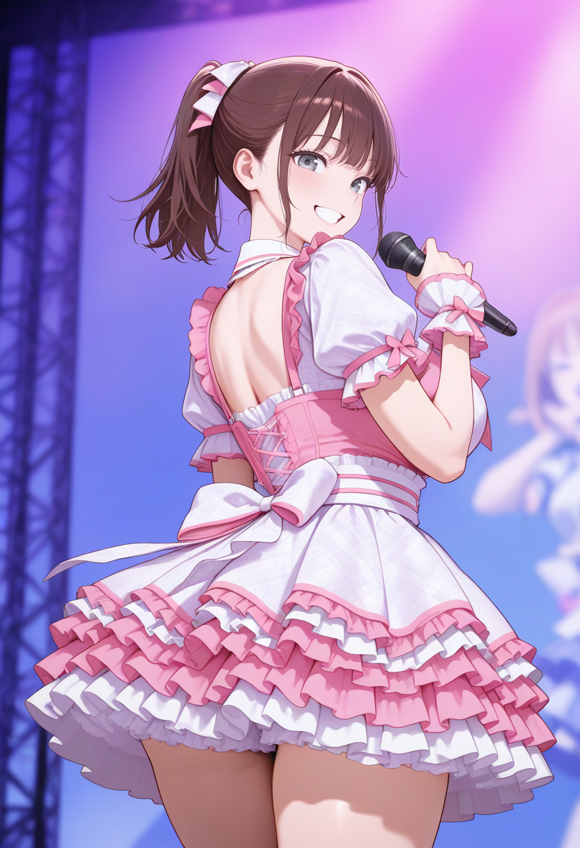 masterpiece,best quality,amazing quality, very aesthetic, ((outlined outlined vector graphics)), cute face, (glow eyes:0.5) ,   back view ,  looking at viewer , cowboy shot,
1girl,20yo, brown hair, gray eyes, (large breast:1), (ponytail:1.1), medium hair,(curvy:1.1),bangs,
pink  clothes, (focus female), smile,grin ,singing , (clothed:1.1),
idol, idol outfit, japanese-idol-outfit, clothed, frilled dress,, idol stage, , open eyes , ,
,  <lora:idol-outfit-il-20:1.0>