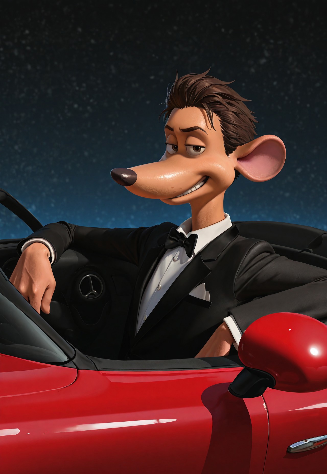 masterpiece, best quality, amazing quality, detailed background, intricate details, dynamic, cinematic, animated, anime realistic shading, solo, male focus, 1boy, handsome, r0bby, furry, rat boy, brown hair, sleek hair, brown eyes, upper body, tuxedo, bowtie, flirting with viewer, smirk, abstract background, dutch angle, side view, in a car, convertible car, one arm resting