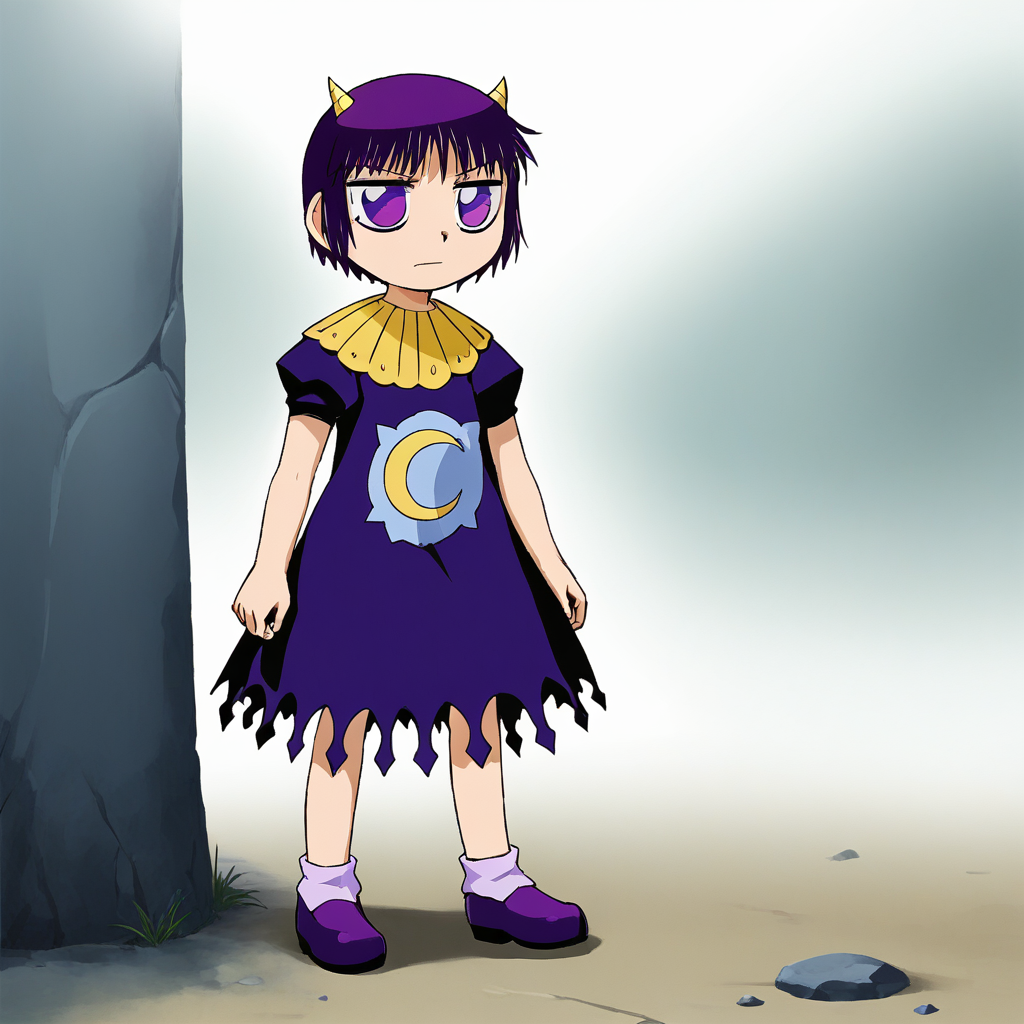 score_8_up, BREAK, laila, 1girl, solo, purple hair, short hair, purple eyes, horns , dress, purple footwear, full body,   <lora:Laila_ZatchBell_PXL_Leaf1:1>, outdoors,