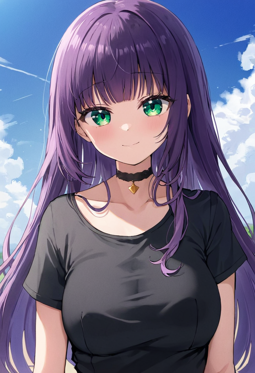 masterpiece, best quality, solo,
long hair, wavy hair, purple hair, green eyes, small breasts, black t-shirt, seductive smile, blunt bangs, choker,
portrait, blue sky,