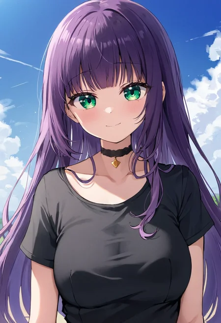 masterpiece, best quality, solo,
long hair, wavy hair, purple hair, green eyes, small breasts, black t-shirt, seductive smile, blunt bangs, choker,
portrait, blue sky,