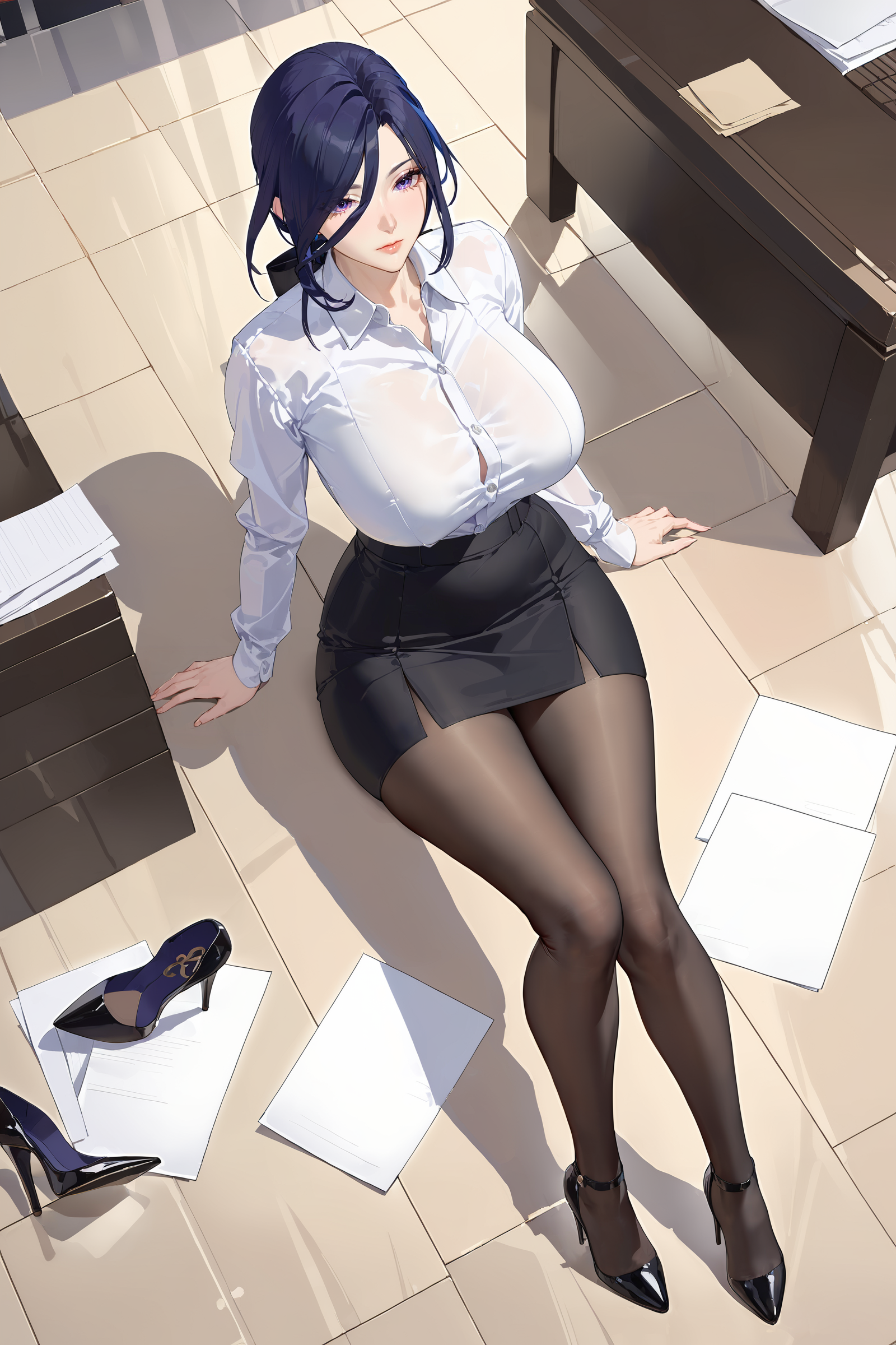 masterpiece, best quality, perfect features, intricate details, ray tracing, newest,(hitenkei, askzy:0.4), 1girl, clorinde \(genshin impact\), office lady, collared shirt, pencil skirt, black pantyhose, high heels, looking at viewer, reclining, yokozuwari, floor, paper, from above, milf, mature female <lora:quality1:0:hr=1>,  <lora:Char-Genshin-Clorinde-XL-V1:0.9>