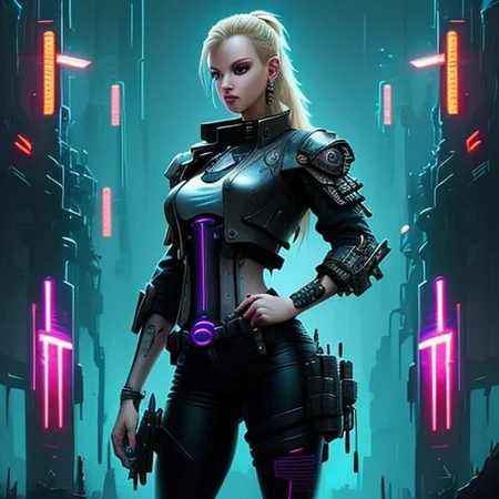 RAW photo, (masterpiece:1.3), subsurface scattering, heavy shadow, (high quality:1.4), (intricate, high detail:1.2), professional photography, HDR, High Dynamic Range, realistic, ultra realistic, photorealistic, high resolution, film photography, ambient lighting, atmospheric effects, OverallDetail:1.3, 1girl, symmetrical hair, armored shoulders, black pants, blonde hair, jacket, cyberpunk, cychar, earrings, eyelashes, hand on hip, holster, jacket, jewelry, lips, long hair, medium breasts, neon lights, metal eyes, outdoors, metal nails, ponytail science fiction, solo, tassel earrings, epiCPhoto