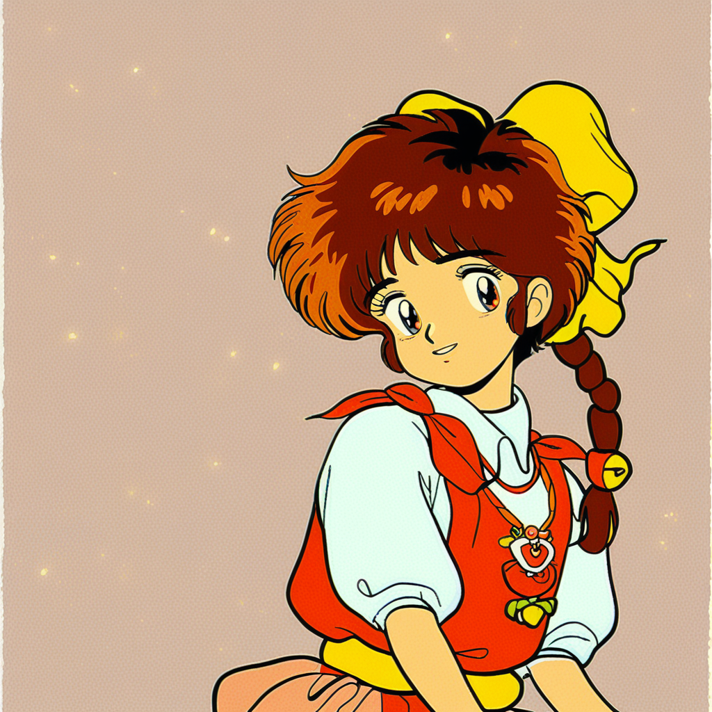 score_8, score_9, yumi, brown hair, bow, braid, skirt, retro artstyle