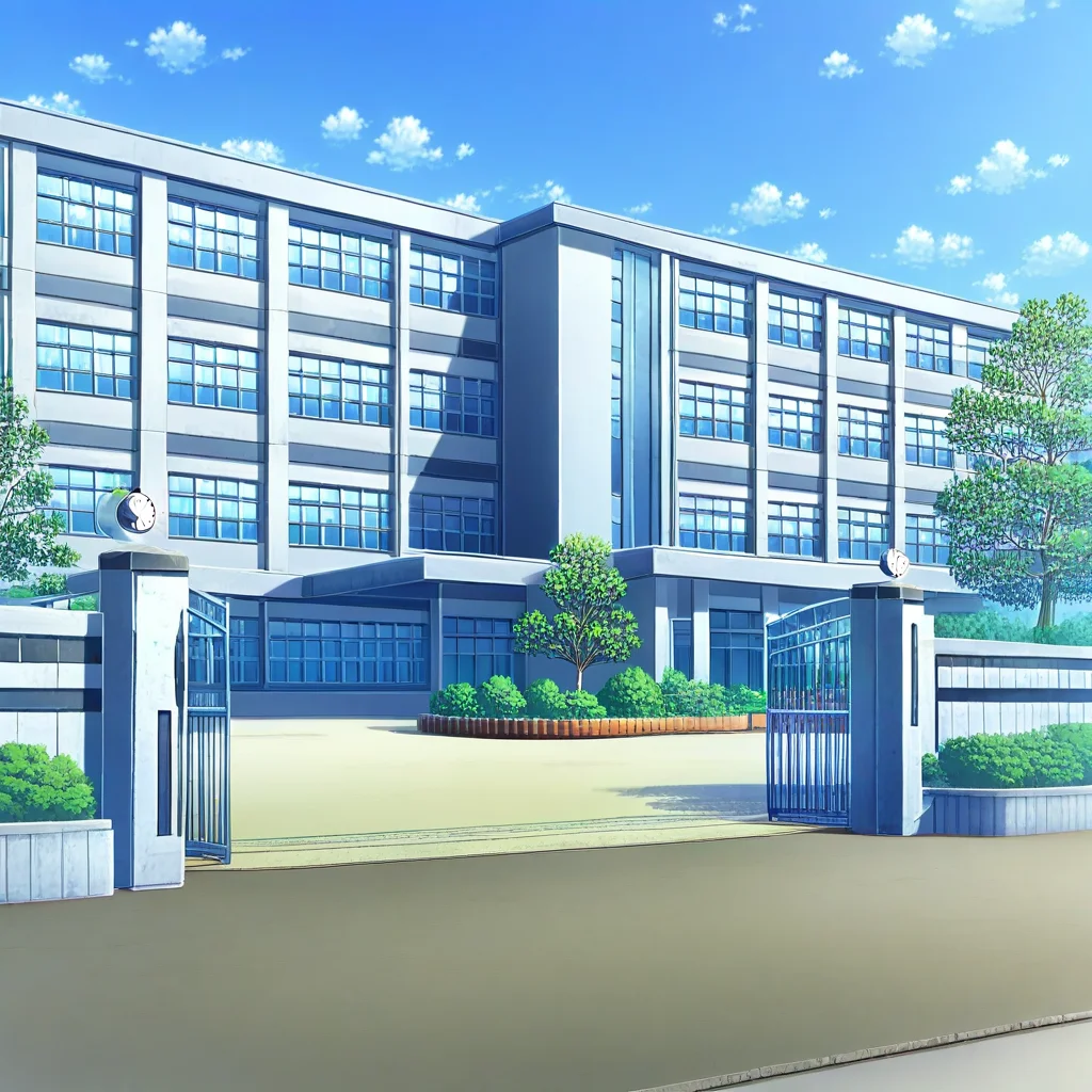 school gate, no humans, sky, scenery, tree, building, clock, cloud, outdoors, window, blue sky, day, bush, plant, shadow, school