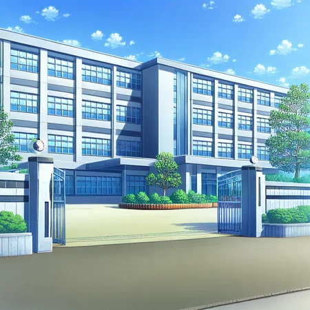 school gate, no humans, sky, scenery, tree, building, clock, cloud, outdoors, window, blue sky, day, bush, plant, shadow, school