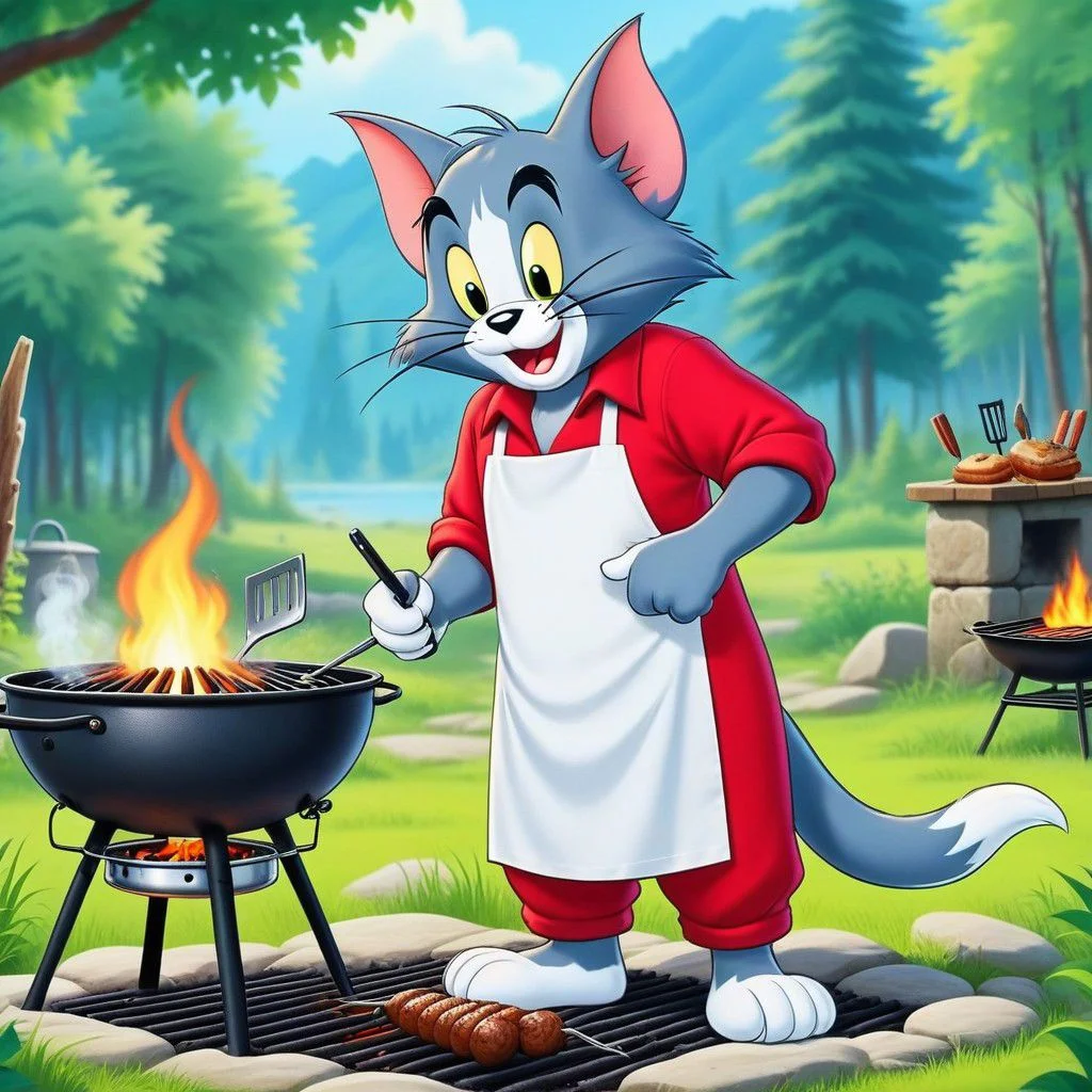(Tom & jerry),Cartoon (Tom:1.35) cat casual dresses, grilling kebab, dirty shirt, thick red fur, nature