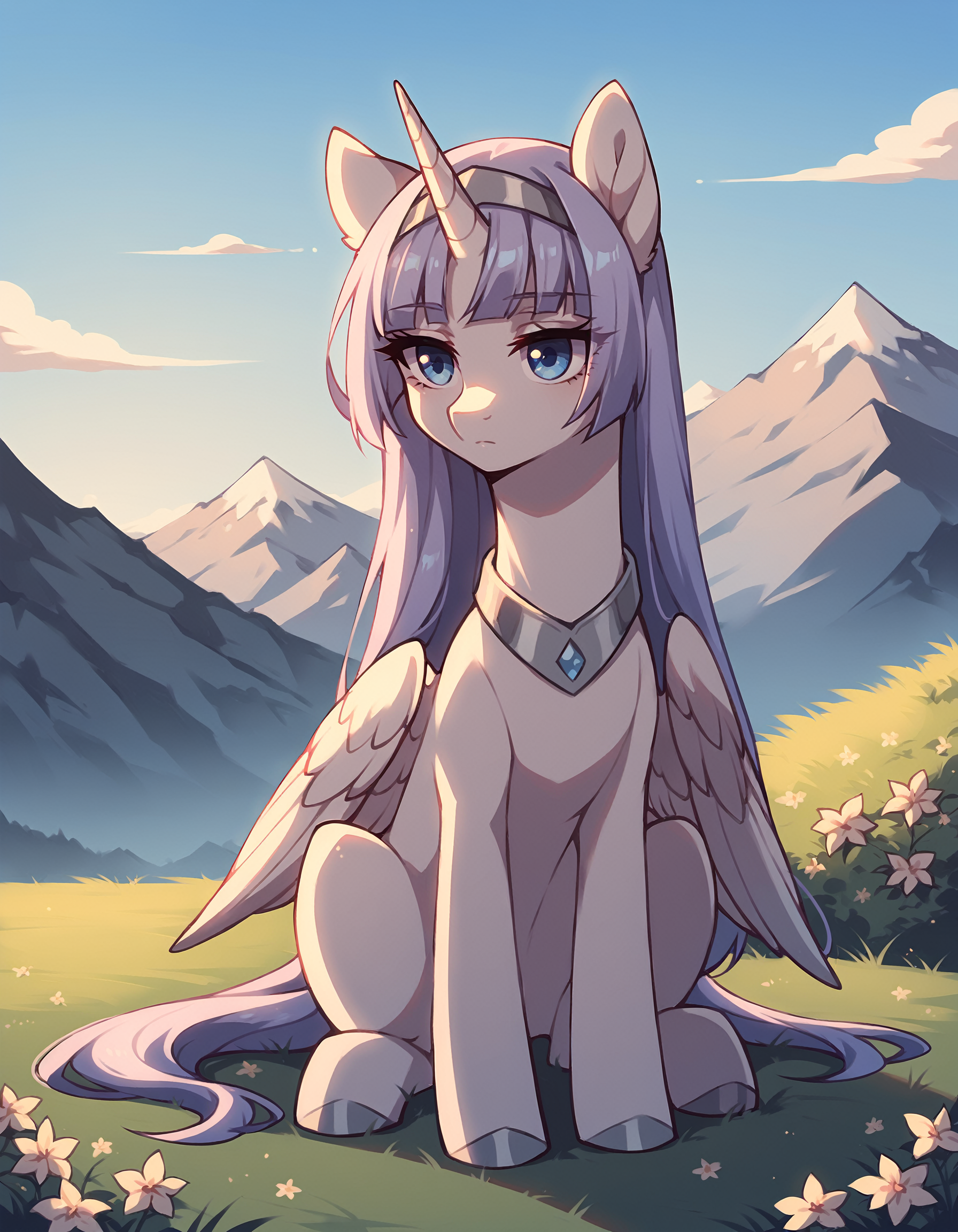 score_9, score_8_up, score_7_up, score_6_up, score_5_up, score_4_up,  feral pony, alicorn, (blank flank:1.1), (melfina:1), long hair, light purple hair, blue eyes, silver hairband, white dress, expressionless BREAK outdoors, mountain, day, sky, flower, mountainous horizon, blue sky, grass <lora:Smooth Anime Style LoRA XL:1> <lora:melfina-ponyxl-1-000008:0.6>