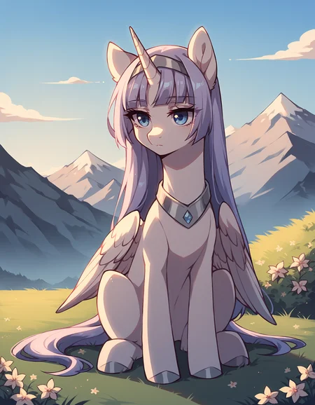 score_9, score_8_up, score_7_up, score_6_up, score_5_up, score_4_up, feral pony, alicorn, (blank flank:1.1), (melfina:1), long hair, light purple hair, blue eyes, silver hairband, white dress, expressionless BREAK outdoors, mountain, day, sky, flower, mountainous horizon, blue sky, grass <lora:Smooth Anime Style LoRA XL:1> <lora:melfina-ponyxl-1-000008:0.6>