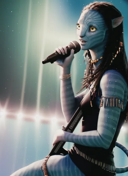 (Neytiriblueskinbabe), 1girl, tail, (black dress), happy, singer, holding microphone, singing, spotlight,(Photorealistic:1.2)