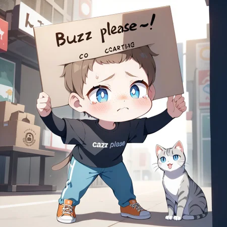 guy holding up a sign that says " buzz please!!"
masterpiece, best quality,
1cat, solo, (grey dark tabby cat with white bottom), brown hair, athletic, freckles, black shirt, t-shirt, chin scruff, blue pants, big eyes, blue eyes, huge pupils, checkerboard symbol on shirt, orange shoes, full body, sign, tears,