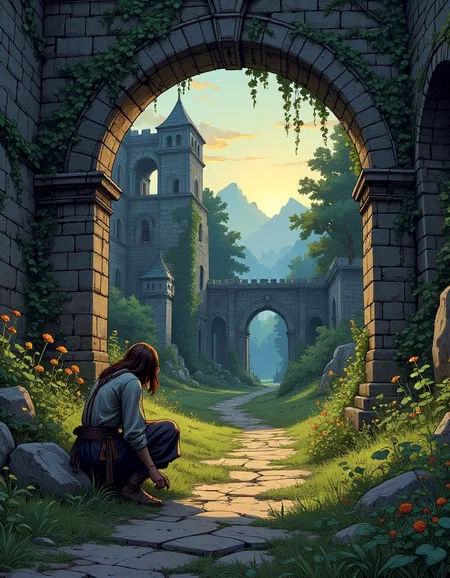 dusk luminous faerie realm landscape with a crouching figure in tattered faded clothes on the side of a broken overgrown path under a crumbled ruin archway with ivy and wildflowers. A scene with ancient stone structures and moody, magical fantasy aesthetic