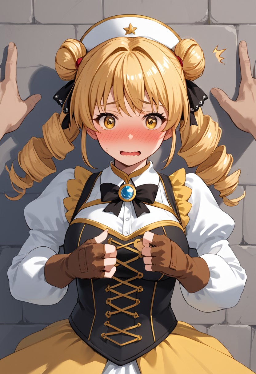 score_4,score_5,score_6,score_7_up,score_8_up,score_9 ((masterpiece,best quality,ultra detailed,highres,HD,4k:1.2)), 
Araki,sketch,
1girl,solo,face focus,
 mami tomoe, blonde hair, drill hair, twin drills, yellow eyes,large breasts, 
brown gloves, corset, detached sleeves, fingerless gloves, gloves, hat, juliet sleeves, long sleeves, magical girl, puffy sleeves,
outdoor, pov, pov hands, kabedon, Wall-don, wall-don with both hands,<lora:Kabedon pov PonyXL:1>, full face blush,surprise,wavy mouth,@ @ ,^^,embarrassed,wide eyes,looking at viewer,