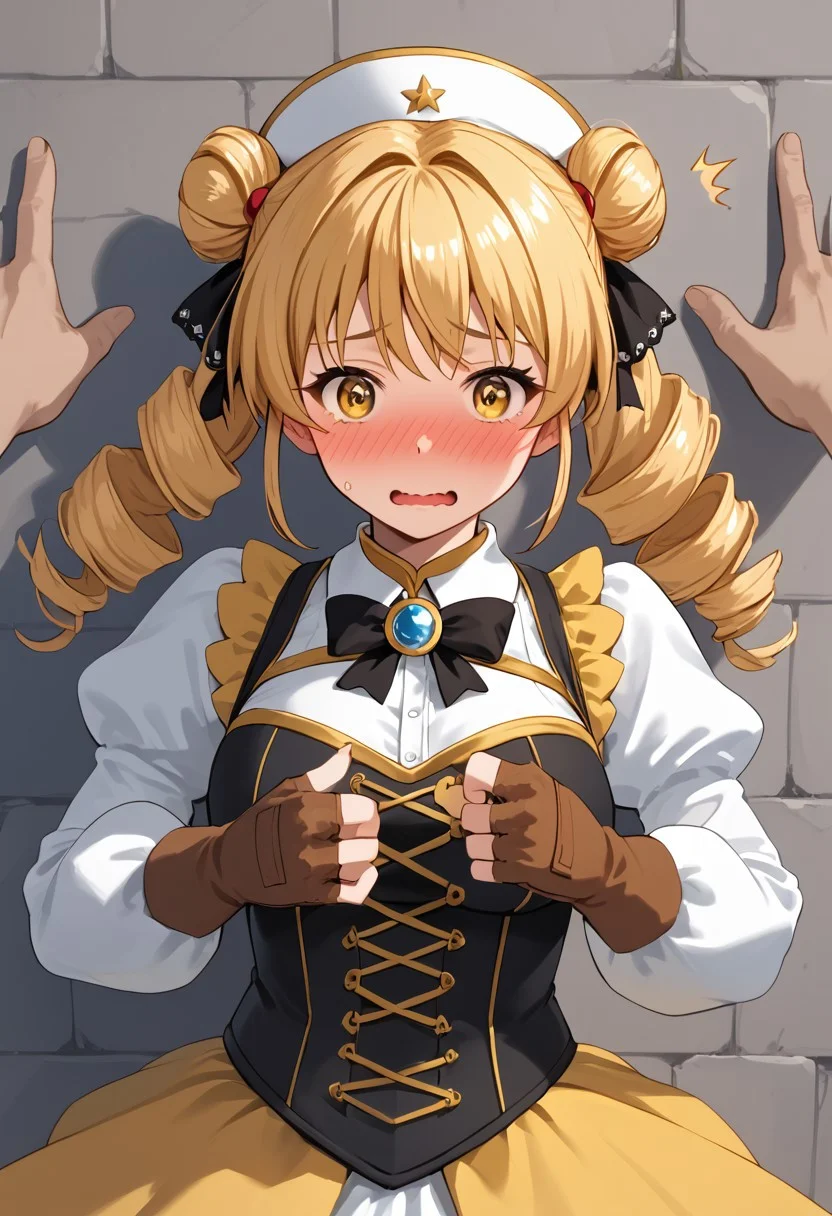 score_4,score_5,score_6,score_7_up,score_8_up,score_9 ((masterpiece,best quality,ultra detailed,highres,HD,4k:1.2)),
Araki,sketch,
1girl,solo,face focus,
mami tomoe, blonde hair, drill hair, twin drills, yellow eyes,large breasts,
brown gloves, corset, detached sleeves, fingerless gloves, gloves, hat, juliet sleeves, long sleeves, magical girl, puffy sleeves,
outdoor, pov, pov hands, kabedon, Wall-don, wall-don with both hands,<lora:Kabedon pov PonyXL:1>, full face blush,surprise,wavy mouth,@ @ ,^^,embarrassed,wide eyes,looking at viewer,