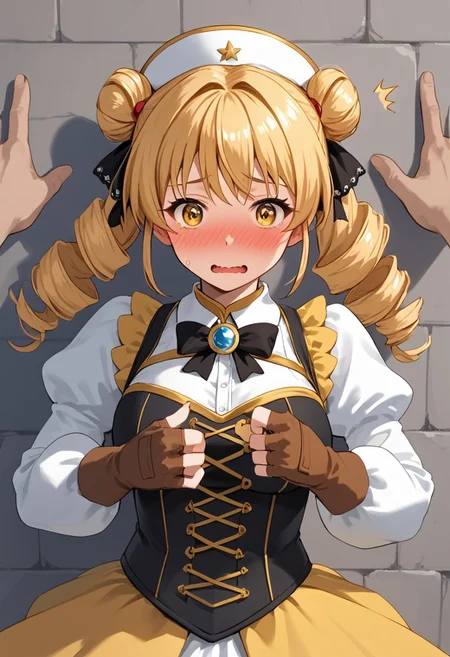 score_4,score_5,score_6,score_7_up,score_8_up,score_9 ((masterpiece,best quality,ultra detailed,highres,HD,4k:1.2)),
Araki,sketch,
1girl,solo,face focus,
mami tomoe, blonde hair, drill hair, twin drills, yellow eyes,large breasts,
brown gloves, corset, detached sleeves, fingerless gloves, gloves, hat, juliet sleeves, long sleeves, magical girl, puffy sleeves,
outdoor, pov, pov hands, kabedon, Wall-don, wall-don with both hands,<lora:Kabedon pov PonyXL:1>, full face blush,surprise,wavy mouth,@ @ ,^^,embarrassed,wide eyes,looking at viewer,