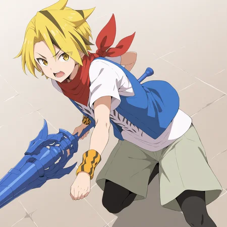 <lora:Noboru_Kodo>,noboru kodo,1boy,male focus,weapon,solo,shorts,vest,open mouth,scarf,grey shorts,shirt,looking at viewer,leggings,leggings under shorts,white t-shirt,(core gadget\(lance\):1.3),holding lance,holding weapon,wristband,single wristband,tiles,masterpiece,high score,great score,absurdres,