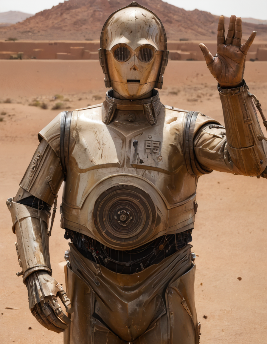 <lora:C-3PO_pony:1>,C-3PO,desert in background,waving his arm,anime style,