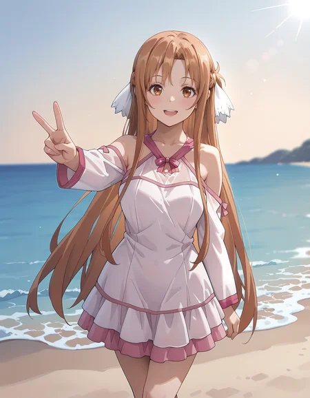 masterpiece,best quality,amazing quality, 1girl, aged up, <lora:IL_Asuna_Stacia_nightgown:0.8> astnig, asuna \(sao\), long hair, brown hair, brown eyes, white hair ribbon, halterneck, ribbon trim, off shoulder, long sleeves, white nightgown, two-tone dress, pink trim, layered skirt, standing, v, light smile, upper teeth only, crossed legs, (beach:1.2), sunlight, lens flare, depth of field,