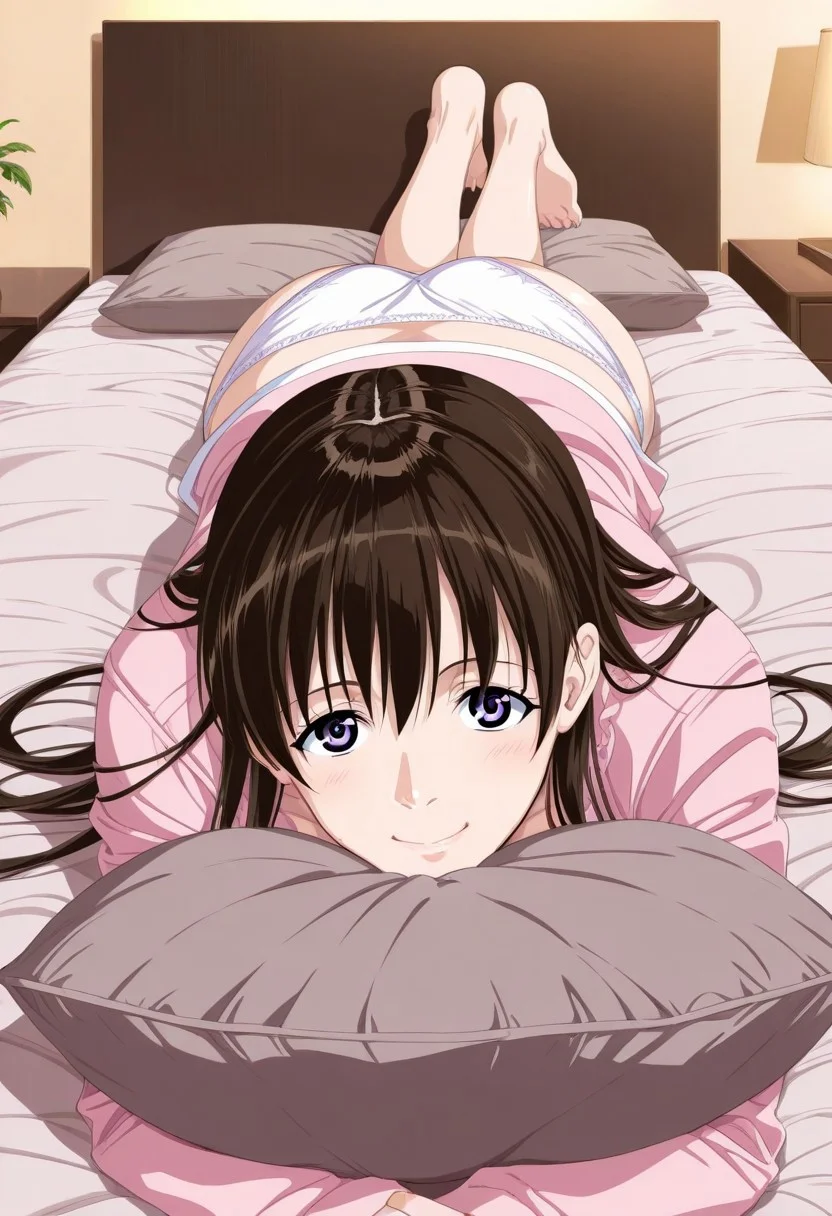 score_9, score_8_up, score_7_up, source_anime,(extremely detailed CG), (best quality), brown hair, purple eyes, hotel,1girl, solo, brown hair, long hair, underwear, panties,lying, on stomach, barefoot, smile, looking at viewer, pillow, white panties,