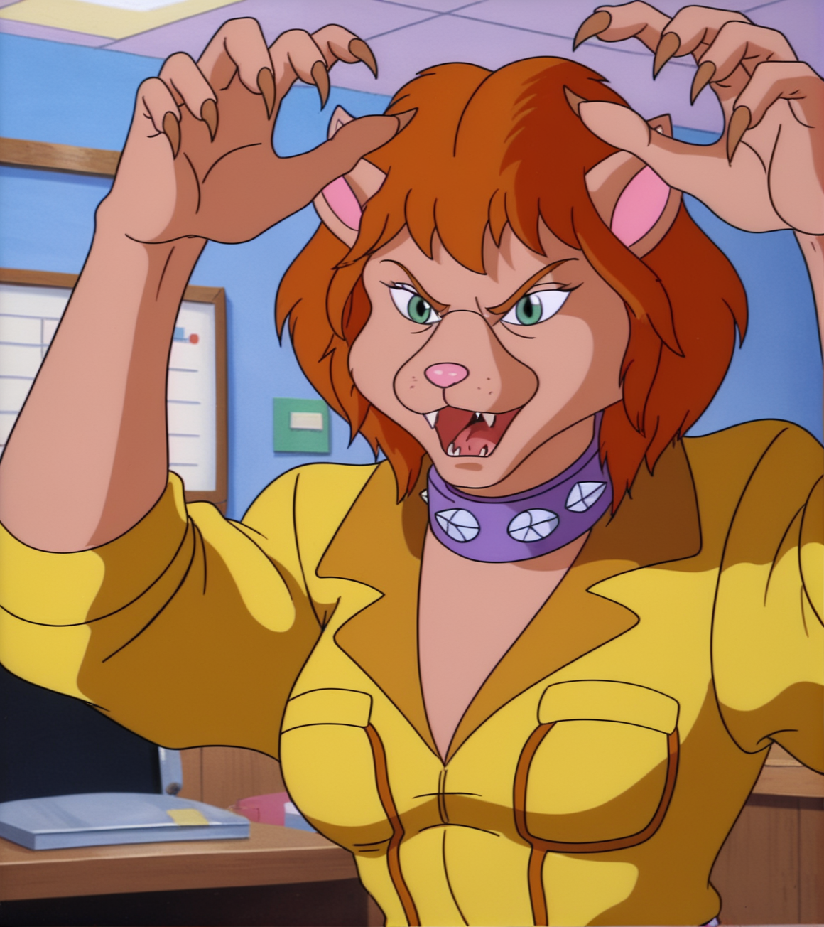 catwoman_from_channel_six, yellow jumpsuit, rolled up sleeves, 1girl, solo, green eyes, cat ears, purple collar, open mouth, fangs, sharp teeth, indoors, office background, upper body, arms raised, claws, retro_artstyle, cartoon, source_cartoon, lowres, 1990s_(style), <lora:The_Catwoman_from_Channel_Six:.9>