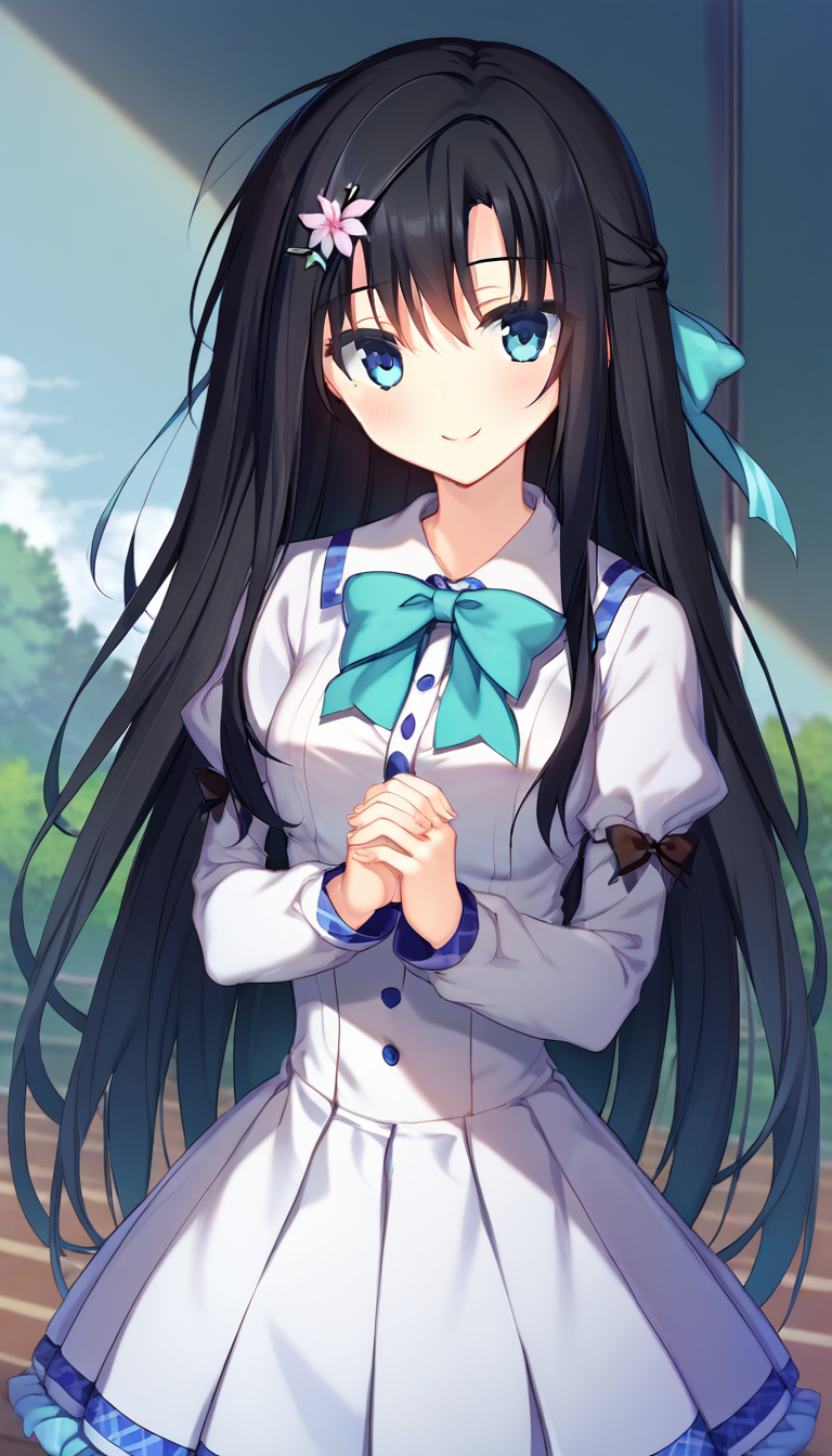 score_9,score_8_up,score_7_up,score_6_up BREAK official art,solo,outdoors,upper body,(portrait:1.5),looking at viewer,facing viewer,smile,blush,Tsugihana Misumi,very long hair,black hair,hair bow,aqua bow,hair flower,sidelocks,bangs,blue eyes,school uniform,black bowtie,white shirt,long sleeves,puffy detached sleeves,white skirt,frilled skirt,white socks,mary janes,<lora:Tsugihana Misumi(pa)-Pony:1.4>,