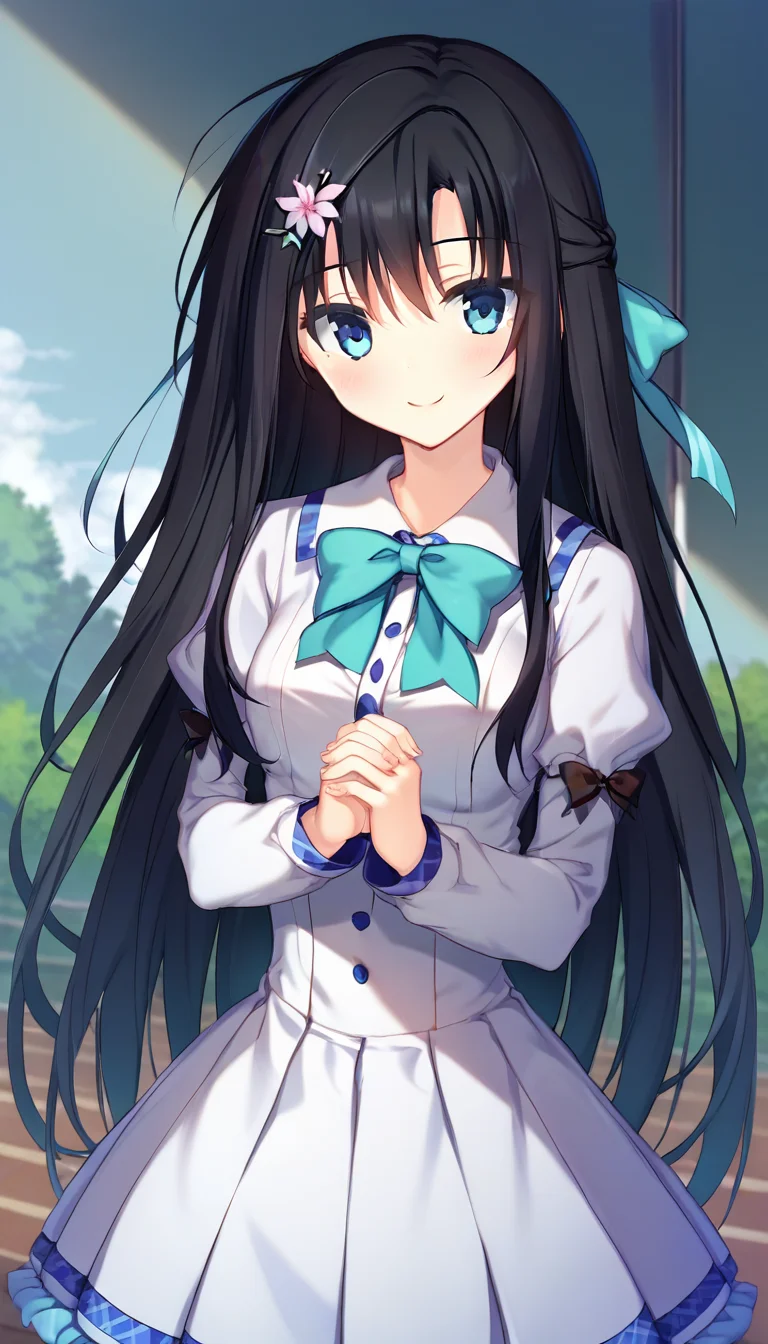 score_9,score_8_up,score_7_up,score_6_up BREAK official art,solo,outdoors,upper body,(portrait:1.5),looking at viewer,facing viewer,smile,blush,Tsugihana Misumi,very long hair,black hair,hair bow,aqua bow,hair flower,sidelocks,bangs,blue eyes,school uniform,black bowtie,white shirt,long sleeves,puffy detached sleeves,white skirt,frilled skirt,white socks,mary janes,<lora:Tsugihana Misumi(pa)-Pony:1.4>,