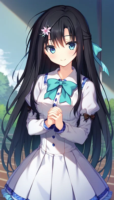 score_9,score_8_up,score_7_up,score_6_up BREAK official art,solo,outdoors,upper body,(portrait:1.5),looking at viewer,facing viewer,smile,blush,Tsugihana Misumi,very long hair,black hair,hair bow,aqua bow,hair flower,sidelocks,bangs,blue eyes,school uniform,black bowtie,white shirt,long sleeves,puffy detached sleeves,white skirt,frilled skirt,white socks,mary janes,<lora:Tsugihana Misumi(pa)-Pony:1.4>,