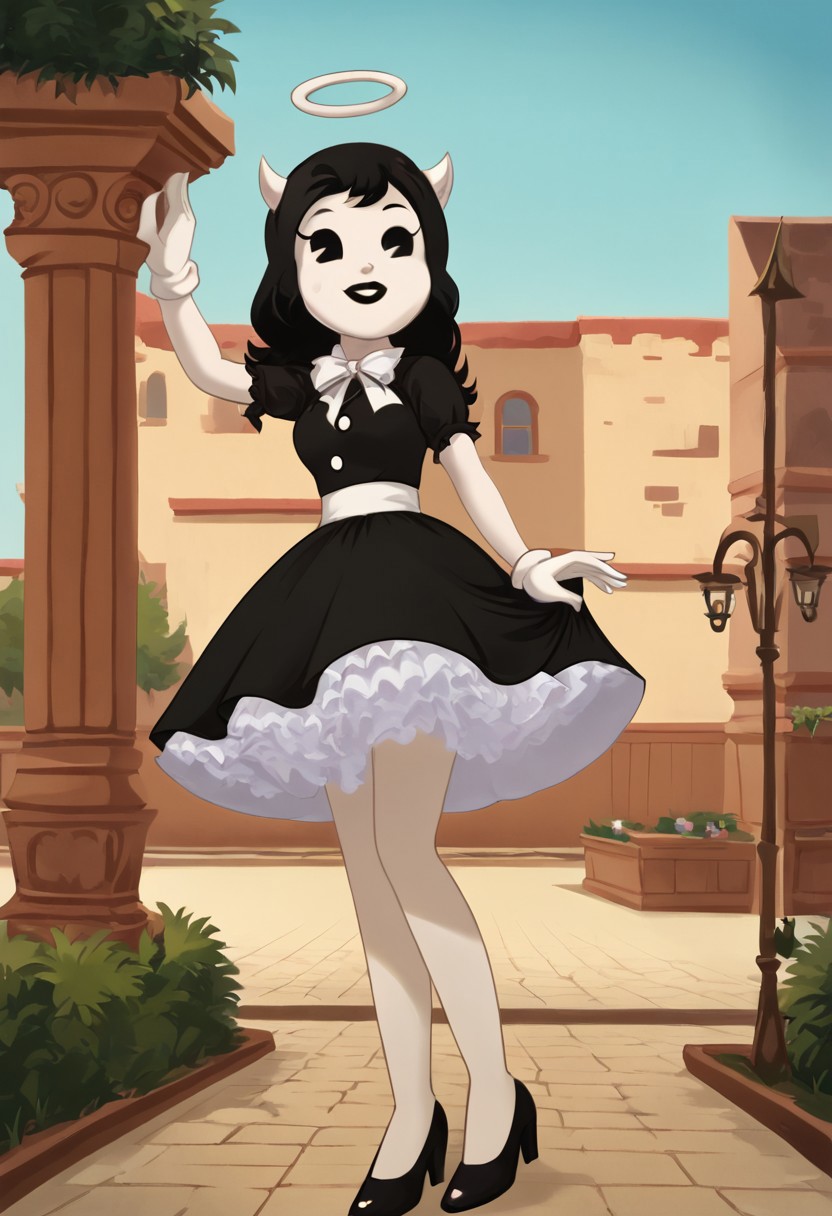 (Masterpiece, best quality:1.2), score_9, score_8_up, flat color, flat shading, soft shading, lighting, Alice Angel in a 1950's dress with a button down top, a fluffy frilly ruffled full petticoat, and high heels, dress, layered petticoat, frilly petticoat, fluffy petticoat, full petticoat, wide dress, flowing dress, solid colored skirt, short sleeves, black hair, Bendy and The Ink Machine, series accurate, cute, best high quality, high res, black lips, white colored skin, whole body shot, 1girl, solo, outside, standing straight, in a garden, cute, adorable, smile, low angle upskirt shot, cartoon, cartoon style, vector, solo, circle dress, 1950s, alice angel