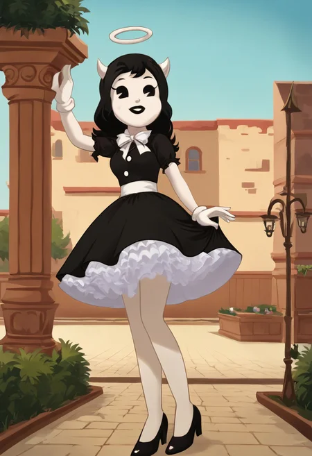 (Masterpiece, best quality:1.2), score_9, score_8_up, flat color, flat shading, soft shading, lighting, Alice Angel in a 1950's dress with a button down top, a fluffy frilly ruffled full petticoat, and high heels, dress, layered petticoat, frilly petticoat, fluffy petticoat, full petticoat, wide dress, flowing dress, solid colored skirt, short sleeves, black hair, Bendy and The Ink Machine, series accurate, cute, best high quality, high res, black lips, white colored skin, whole body shot, 1girl, solo, outside, standing straight, in a garden, cute, adorable, smile, low angle upskirt shot, cartoon, cartoon style, vector, solo, circle dress, 1950s, alice angel