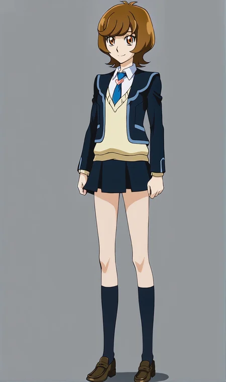 SZ, 1girl, solo, brown hair, short hair, orange eyes, school uniform, dark blue blazer, collared shirt, sweater vest, blue necktie, heart brooch, pleated skirt, socks, loafers, standing, full body, looking at viewer, smile, simple background, grey background,  <lora:Skye Zaizen Pony XL:1>