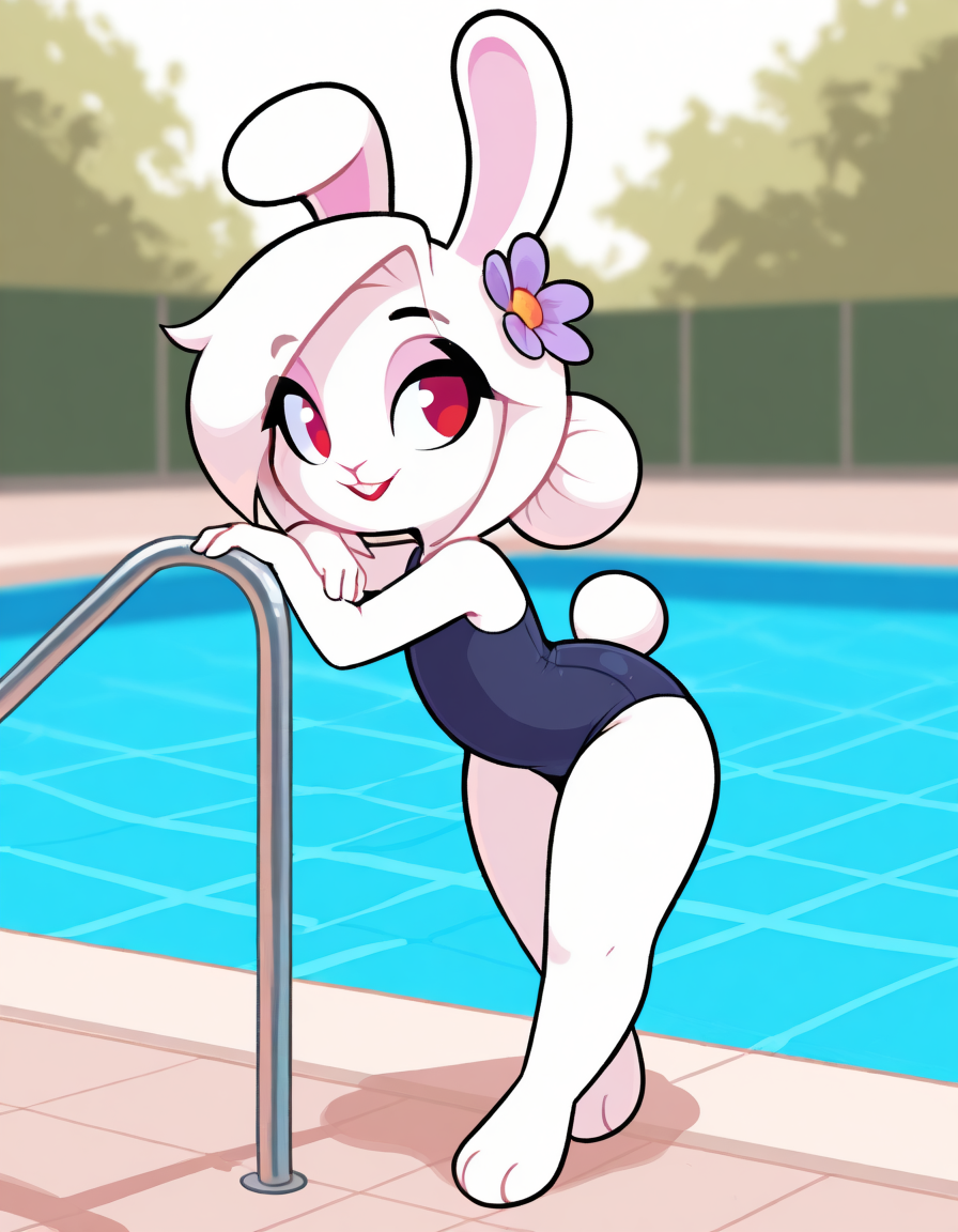 masterpiece, best quality,
outdoors,poolside, 
full body,seductive smile,parted lips,long eyelashes,
standing, pose,
swimsuit, 
<lora:Carrots_v01_ILXL:1>,
C4rr0ts,1girl,solo,furry female,rabbit girl,rabbit ears,red eyes,white hair,body fur,white fur,rabbit tail,animal nose,hair ornament,hair flower,hair bun,buck teeth,