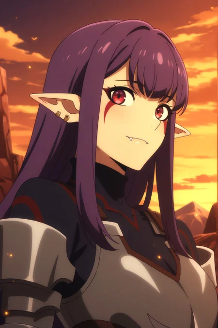 <lora:EsilRadiru:0.8> outdoors, Esil Radiru, pointed ears, earrings, purple hair, red eyes, upper body, smile, silver armor, dark outfit, fangs, facial mark, fangs out, looking at viewer, solo leveling style