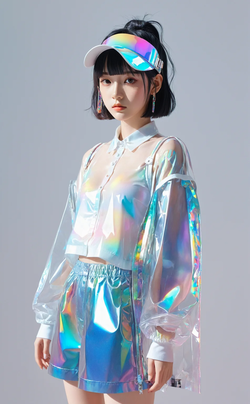 transparent color PVC clothing, transparent color vinyl clothing, prismatic, holographic, chromatic aberration, fashion illustration, masterpiece, girl with harajuku fashion, looking at viewer, 8k, ultra detailed, pixiv