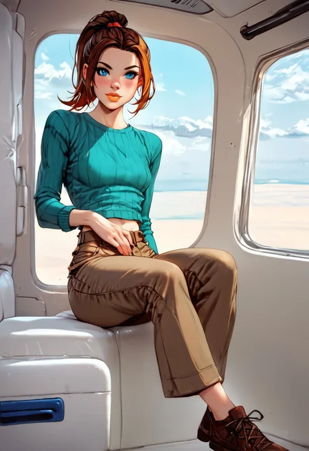 score_9, score_8_up, score_7_up,score_6_up, 
1girl, solo, ((inside airplane)), sitting in airplane, sky, clouds, luggage,
ktprd, high ponytail, blue eyes, bumpy nose, orange lips, turquoise midriff sweater, long sleeves, brown cargo pants, shoes,
<lora:PerfectEyesXL:0.8>,