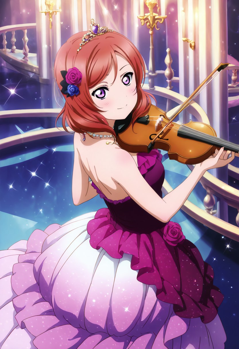 masterpiece, best quality, solo, 1girl, aged up, happy, 
 maki_nishikino, nishikino_maki, short hair, red hair, purple eyes, formal idol gown, deep purple and pink gradient dress, gemstone necklace, low open back design, rose in hair, candlelit ballroom stage, chandeliers above, soft violin music playing, elegant and dreamy pose, eyes full of emotion