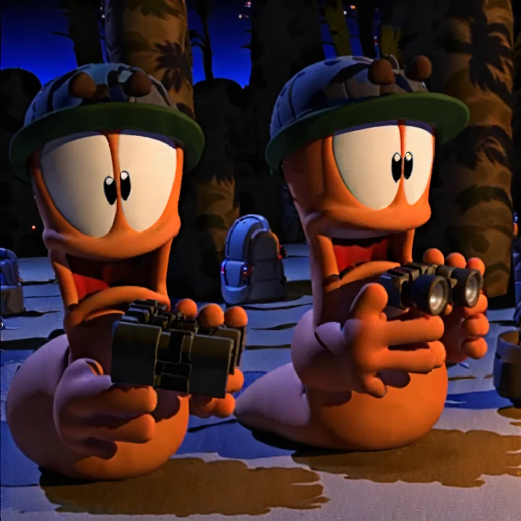 a couple worms standing next to each other, the worm at the left is holding binoculars
