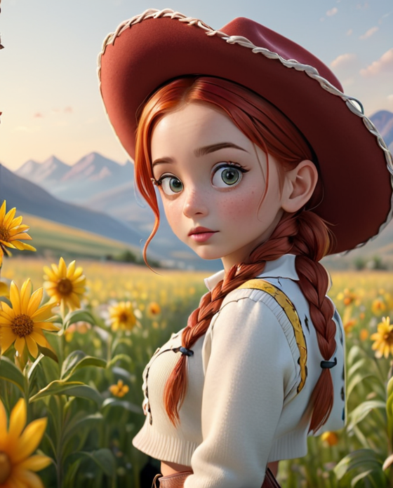 score_9, score_8, score_7, score_6, <lora:Jessie_the_Yodeling_Cowgirl_-_Toy_Story_PonyXL:1> Jes_sie, 1girl, red hair, hat, cowgirl, cleavage, hair in single braid, (1girl), wearing a one shoulder cropped sweater and skirt, perfect eyes, highly detailed beautiful expressive eyes, detailed eyes, standing in the middle of a flower field, facing camera. vast open view in the background, mountains, hills, sunset. Photorealistic, Natural atmospheric lighting, intricate details, 35mm photograph, film, professional, 4k visuals, highly detailed, elegant, studio quality.