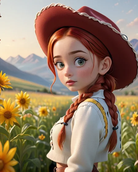 score_9, score_8, score_7, score_6, <lora:Jessie_the_Yodeling_Cowgirl_-_Toy_Story_PonyXL:1> Jes_sie, 1girl, red hair, hat, cowgirl, cleavage, hair in single braid, (1girl), wearing a one shoulder cropped sweater and skirt, perfect eyes, highly detailed beautiful expressive eyes, detailed eyes, standing in the middle of a flower field, facing camera. vast open view in the background, mountains, hills, sunset. Photorealistic, Natural atmospheric lighting, intricate details, 35mm photograph, film, professional, 4k visuals, highly detailed, elegant, studio quality.