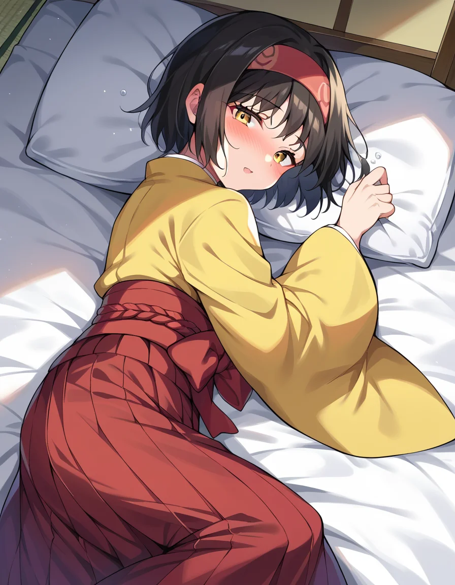 score_9, score_8_up, score_7_up, source_anime,
pokemonerika, <lora:pokemon-erika-ponyxl-lora-nochekaiser:1>
pokemonerika, yellow eyes, black hair, headband, short hair,
japanese clothes, kimono, hakama, red hakama, long sleeves, wide sleeves,
indoors, bed, bed room, on side, blush, drunk,
looking at viewer, cowboy shot, dutch angle,