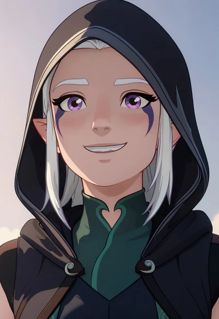 Score_9, Score_8, Score_7, TDPStyle, TeRay, Wearing Hood, Elf, Moonelf, White Hair, Purple Facial Marks, close up, looking down at viewer, smiling,