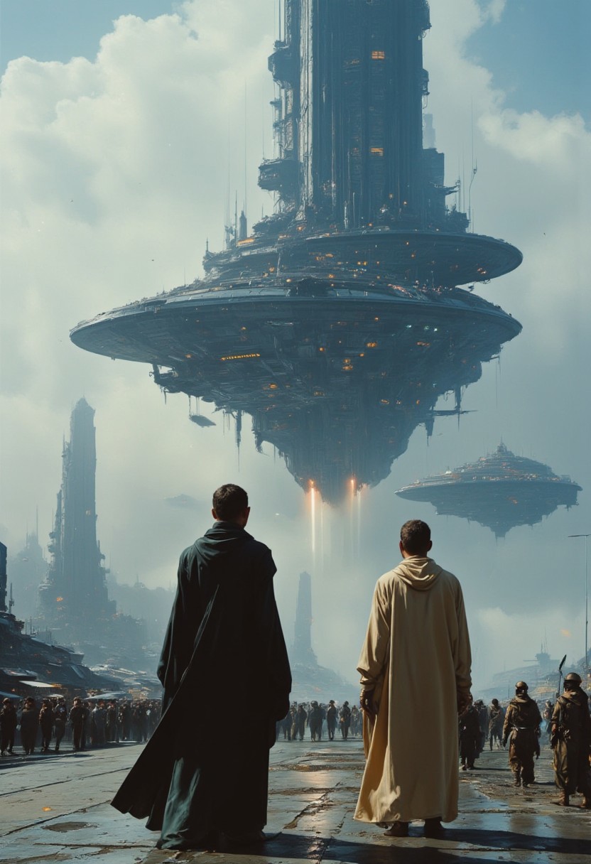 highly detailed and hyper realistic and dynamic. This is a high-quality cinematic photograph in a sci-fi fantasy style, depicting a bustling spaceport scene. The image features two humanoid characters in the foreground, viewed from behind. The character on the left is a young woman and is dressed in a long, dark cloak, while the character on the right, a male, wears a beige, flowing robe. In the background, a massive, intricate spaceship hovers above the scene, with various smaller spacecraft and flying vehicles scattered throughout the sky. The port is crowded and filled with life. The sky itself is filled with a mix of cloudy and clear areas, adding depth to the composition. Sky high illuminated buildings are visible in the far distance. The lighting is soft, with a cool color palette, primarily blues and grays, which gives the image a serene yet futuristic atmosphere. The background is detailed, with a moderate depth of field keeping both the characters and the background elements in focus. The aesthetic quality of the image is very high, with a professional and polished look that showcases a cohesive and immersive sci-fi environment.