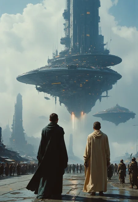 highly detailed and hyper realistic and dynamic. This is a high-quality cinematic photograph in a sci-fi fantasy style, depicting a bustling spaceport scene. The image features two humanoid characters in the foreground, viewed from behind. The character on the left is a young woman and is dressed in a long, dark cloak, while the character on the right, a male, wears a beige, flowing robe. In the background, a massive, intricate spaceship hovers above the scene, with various smaller spacecraft and flying vehicles scattered throughout the sky. The port is crowded and filled with life. The sky itself is filled with a mix of cloudy and clear areas, adding depth to the composition. Sky high illuminated buildings are visible in the far distance. The lighting is soft, with a cool color palette, primarily blues and grays, which gives the image a serene yet futuristic atmosphere. The background is detailed, with a moderate depth of field keeping both the characters and the background elements in focus. The aesthetic quality of the image is very high, with a professional and polished look that showcases a cohesive and immersive sci-fi environment.